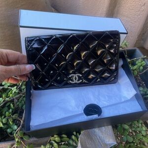 CHANEL Black Patent Quilted Clutch